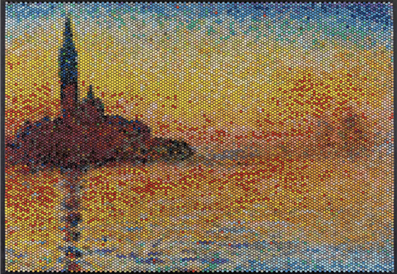 A colorful bubble wrap painting by Bradley Hart depicting the silhouette of San Giorgio Maggiore at sunset. Each bubble is filled with acrylic paint, forming a pixel-like image with vibrant yellows, reds, and blues reflecting across the water.